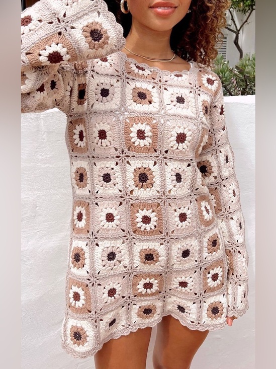 Show Me Your MuMu Other - Show Me Your MuMu Crochet Square Floral Mini Coverup in Cream and Brown Large